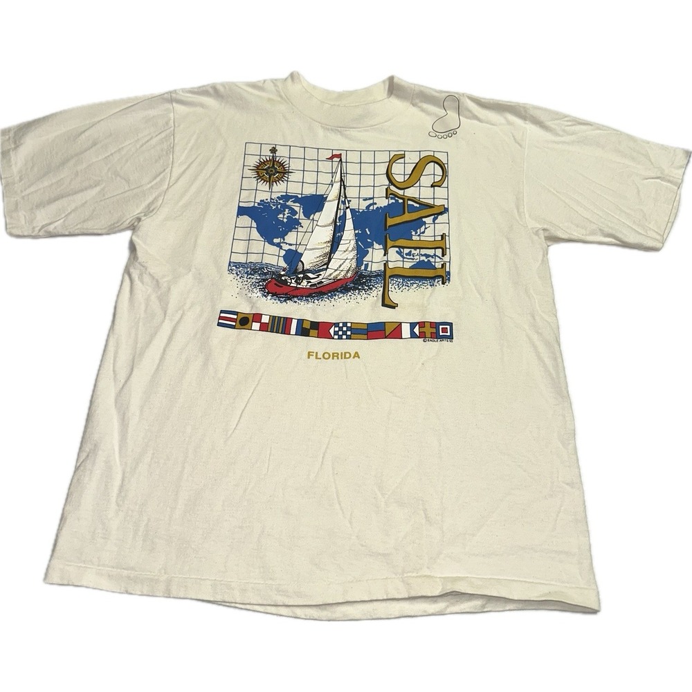 Sail Florida Vintage 90's White‎ Single Stitch T-Shirt Tee Men's L Graphic Shirt